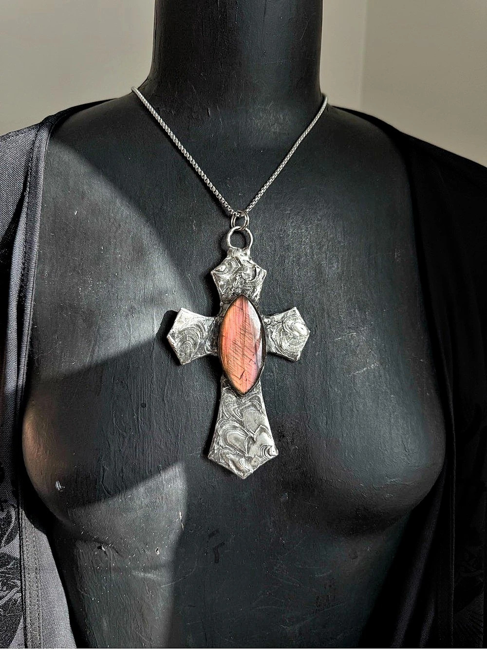 Gothic cross labradorite crystal necklace pendant southern gothic jewelry
